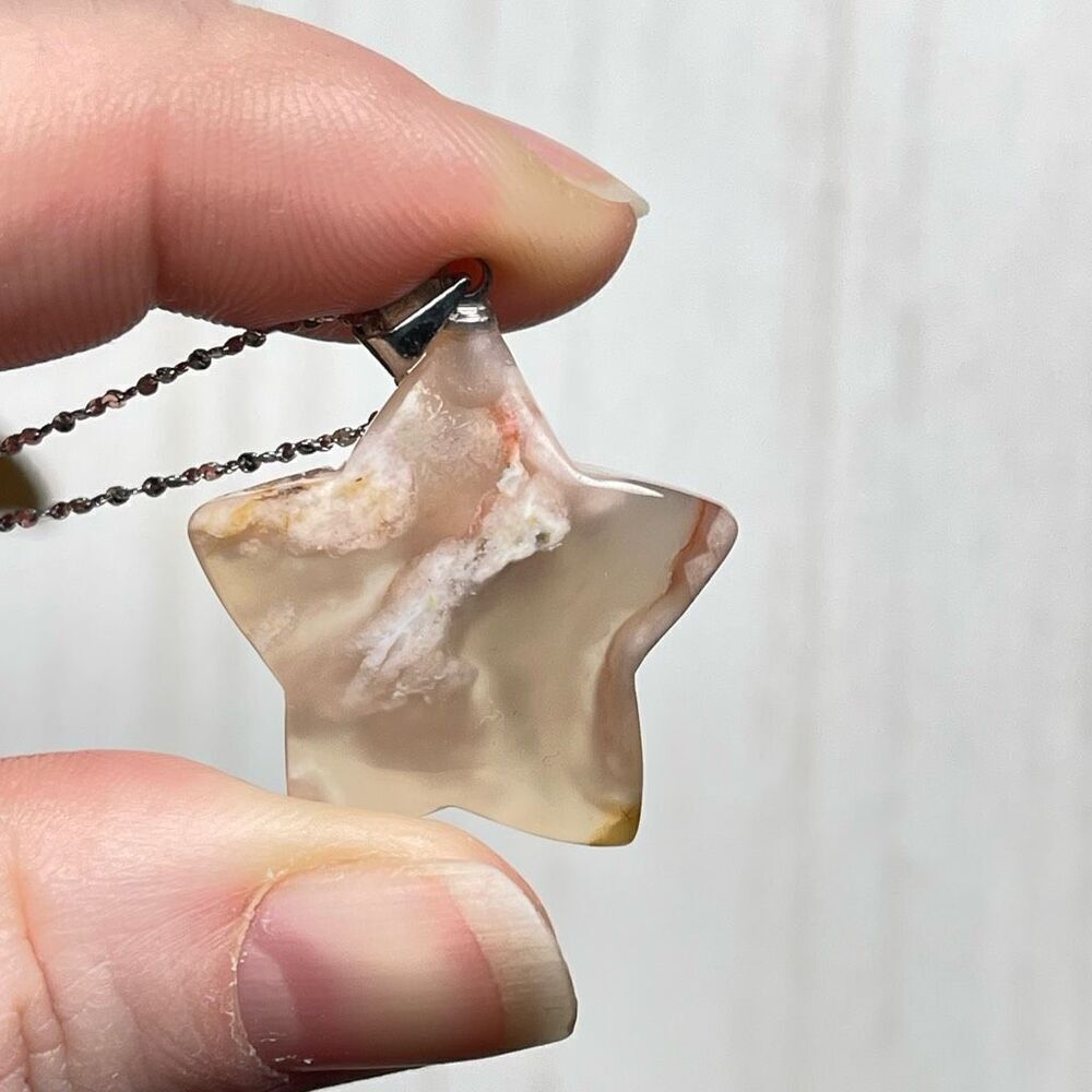 Flower agate pink red star carving pendant stainless steel chain necklace extens